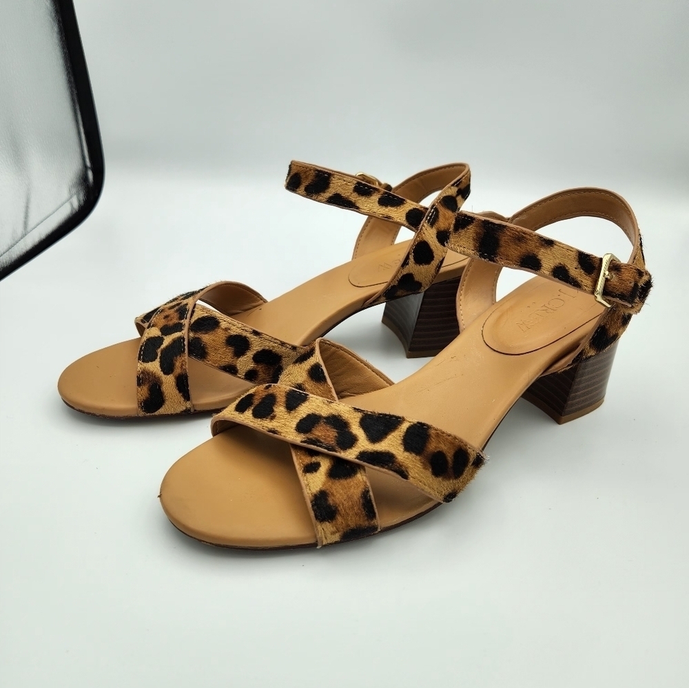 J Crew Womens 8 Calf Hair Leopard Low Block Heel Sandals Brown‎ Black Open Toe